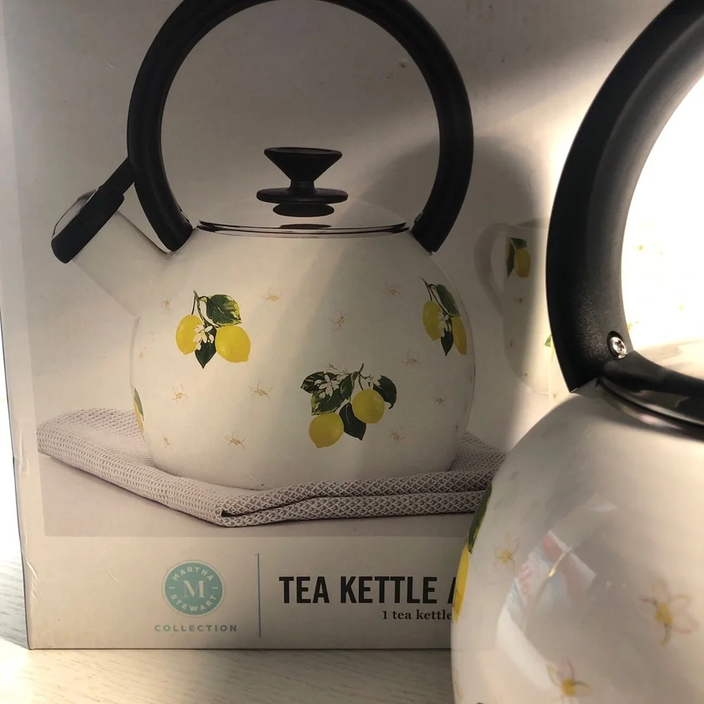 New Martha Stewart Collection Lemon Enamel on Steel Whistling Tea Kettle 1.4Qt